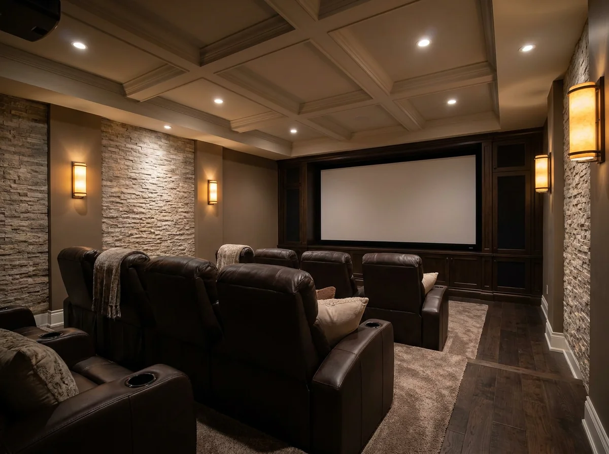 Basement home theater with riser seating and acoustic paneling