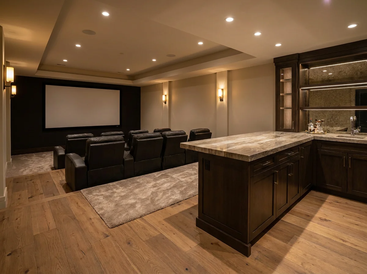 Basement wet bar with backlit glass shelving and walnut cabinetry