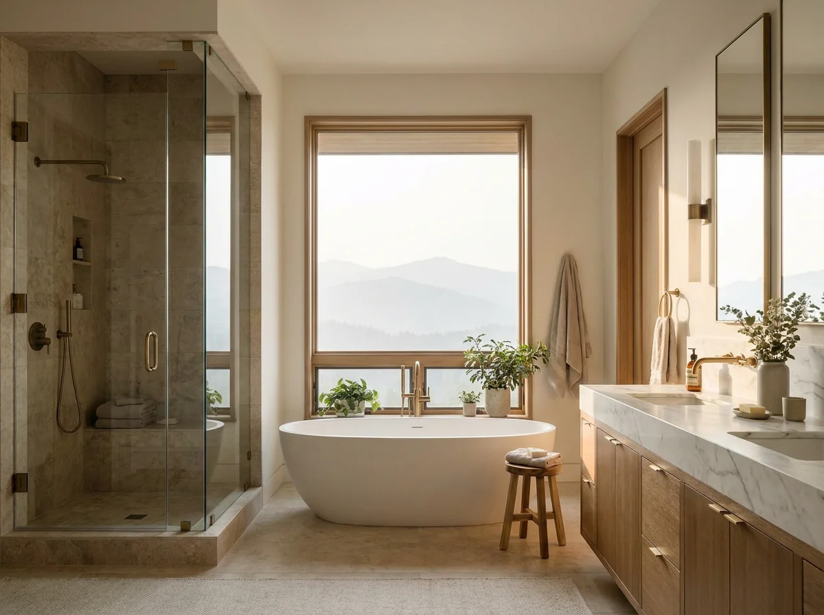 Primary bathroom with curbless walk-in shower and stone floor