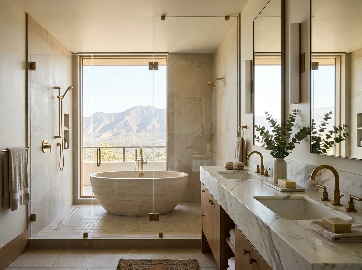 Freestanding soaking tub against a fluted-stone feature wall