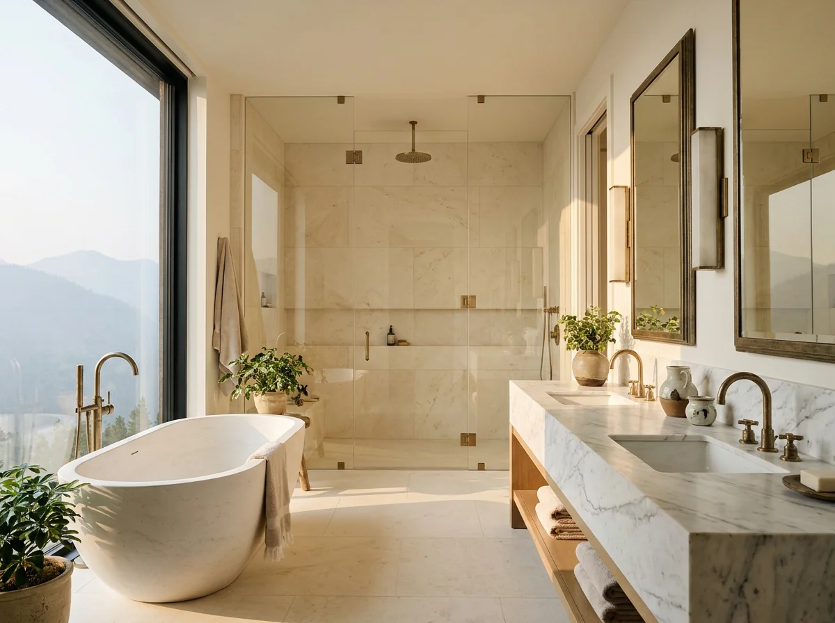 Double-vanity bathroom with integrated lighted mirrors