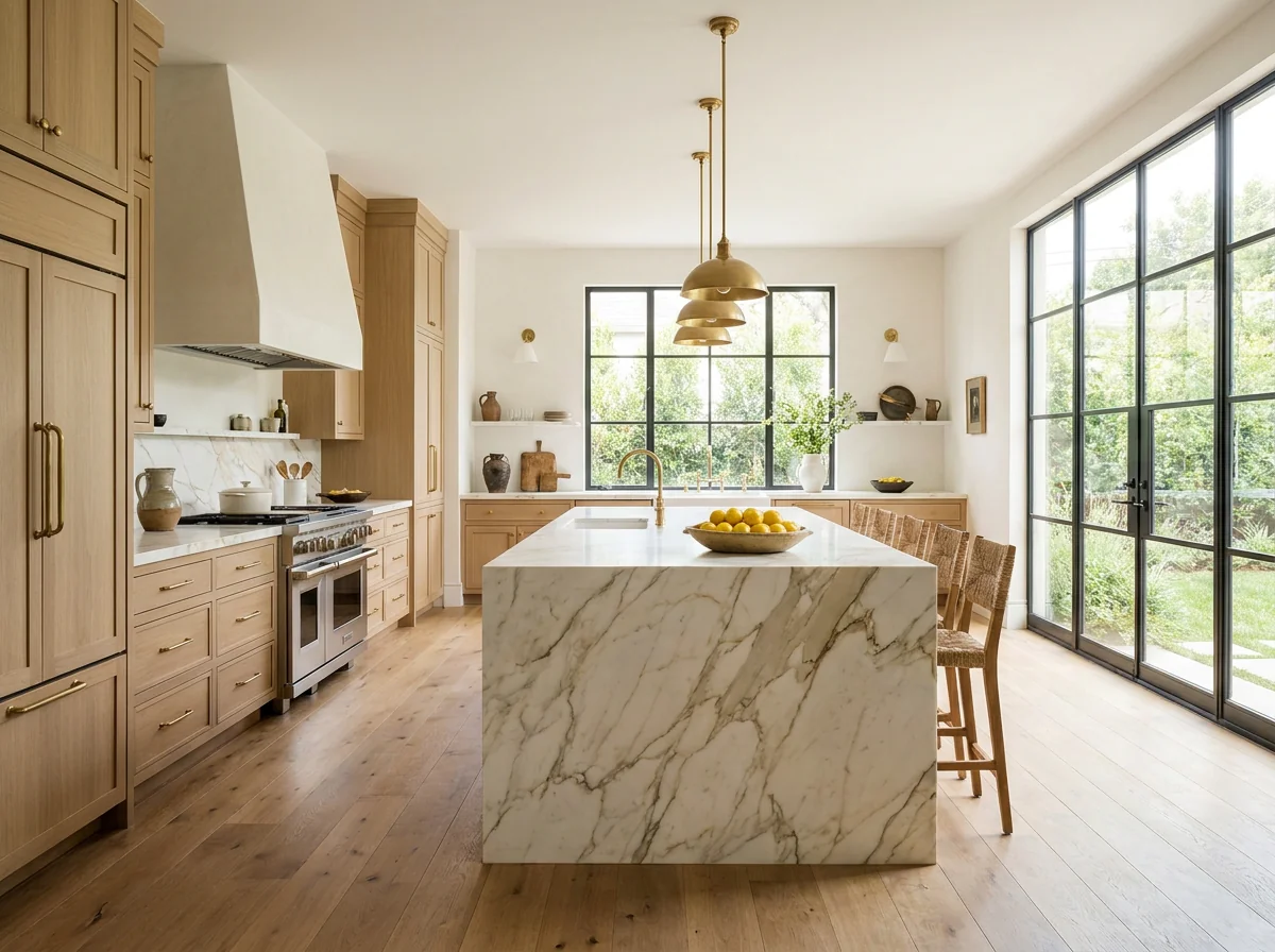 Custom kitchen with shaker cabinets, brass pulls and quartz waterfall island