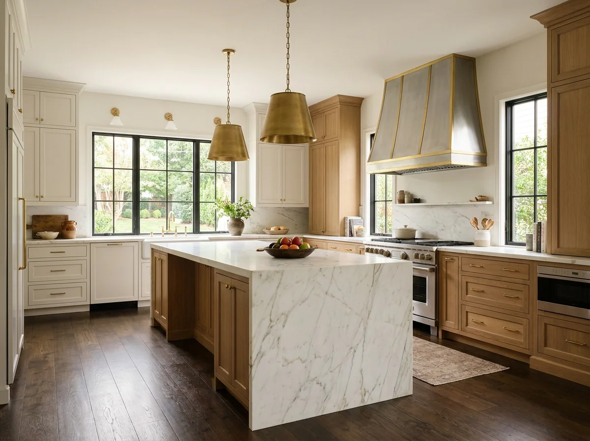Range wall with hood vent and hand-glazed backsplash