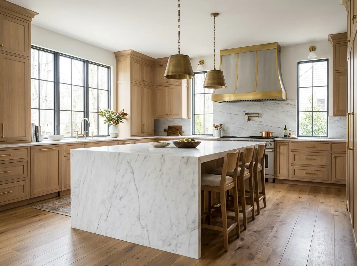 Walk-in pantry build-out with marble counters and integrated storage