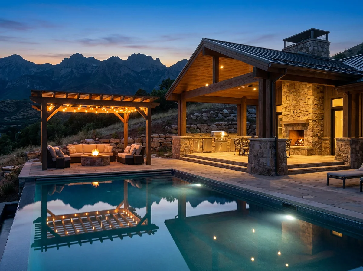 Covered patio with outdoor kitchen and fire feature