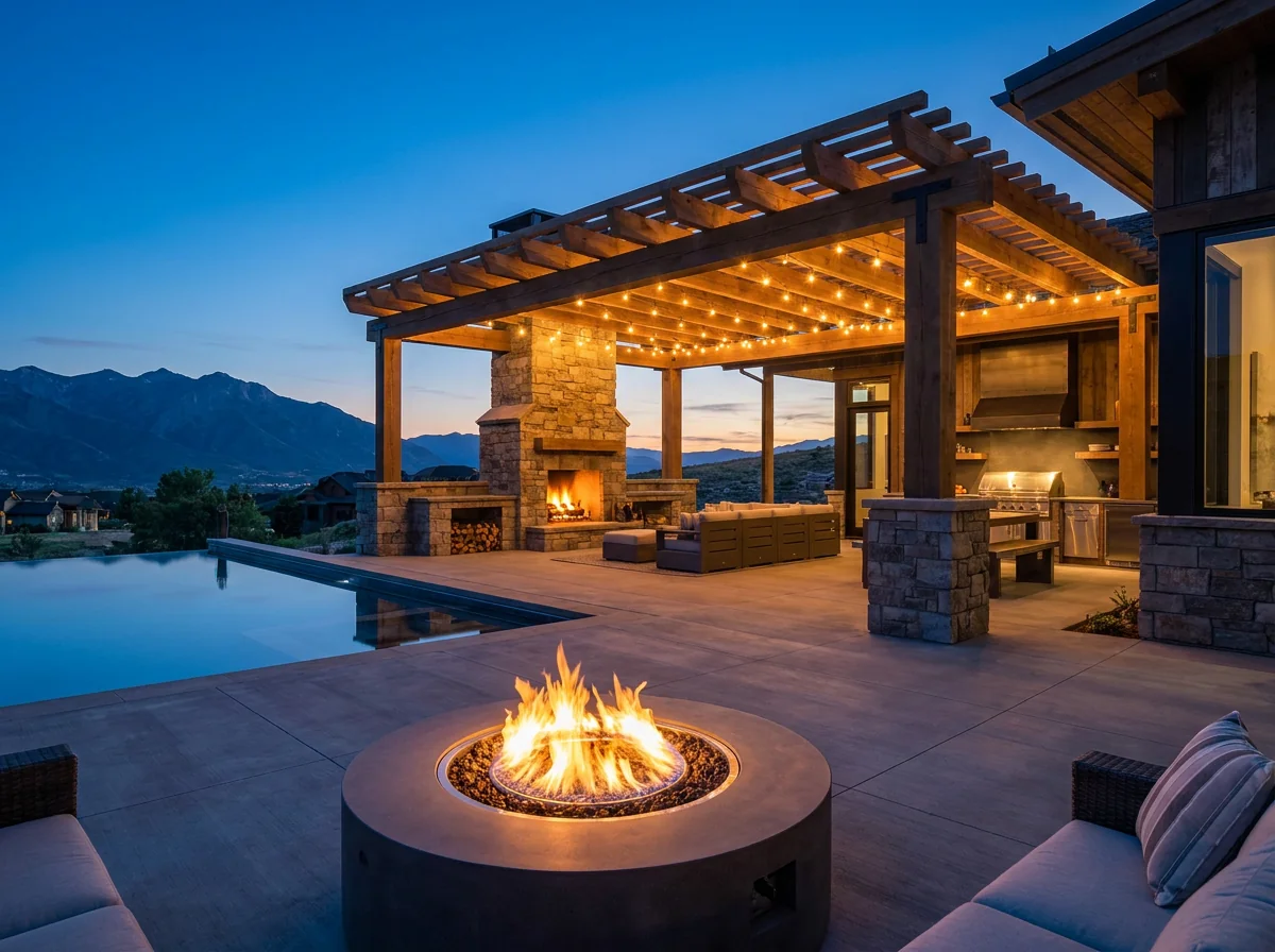 Pool deck with stone hardscape and mountain view